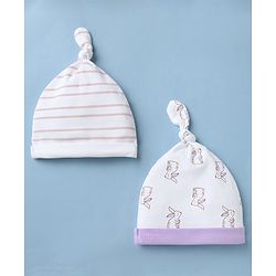 Babyhug 100% Cotton Interlock Knit Striped Cap with Bunny Print Pack of 2 White - Diameter 15 cm