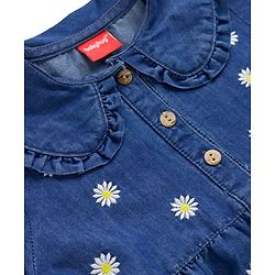 Babyhug Denim Woven Full Sleeves Floral Embroidered Frock - Blue