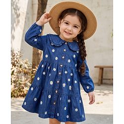 Babyhug Denim Woven Full Sleeves Floral Embroidered Frock - Blue
