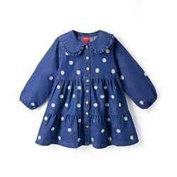 Babyhug Denim Woven Full Sleeves Floral Embroidered Frock - Blue
