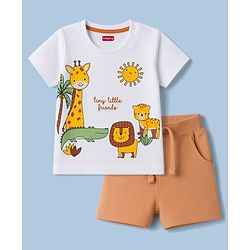 Babyhug 100% Cotton Single Jersey Knit Half Sleeves T-Shirt & Shorts With Animal Print - White