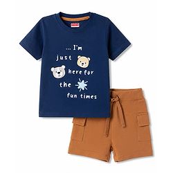 Babyhug 100% Cotton Single Jersey Knit Half Sleeves T-Shirt & Shorts Set With Bear Print - Navy Blue & Brown