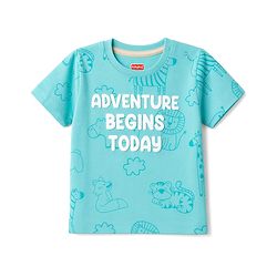 Babyhug 100% Cotton Single Jersey Knit Half Sleeves Text Embossed & Animals Printed T-Shirt & Shorts Set - Aqua