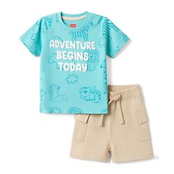 Babyhug 100% Cotton Single Jersey Knit Half Sleeves Text Embossed & Animals Printed T-Shirt & Shorts Set - Aqua