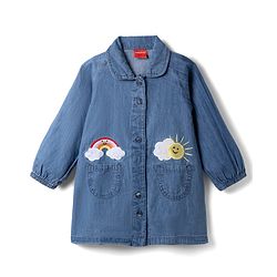 Babyhug Denim Woven Full Sleeves Shirt Dress with Rainbow & Sun Embroidery - Blue