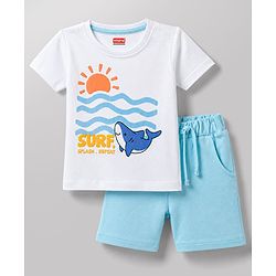 Babyhug 100% Cotton Knit Half Sleeves Sea Life Printed T-Shirt & Shorts Set - White & Light Blue