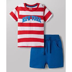 Babyhug Single Jersey Knit Half Sleeves Striped T-Shirt & Shorts Set New York Print - Red & Blue