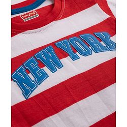 Babyhug Single Jersey Knit Half Sleeves Striped T-Shirt & Shorts Set New York Print - Red & Blue