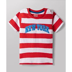 Babyhug Single Jersey Knit Half Sleeves Striped T-Shirt & Shorts Set New York Print - Red & Blue