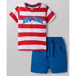 Babyhug Single Jersey Knit Half Sleeves Striped T-Shirt & Shorts Set New York Print - Red & Blue
