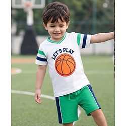 Babyhug 100% Cotton Single Jersey Knit Half Sleeves T-Shirt & Side Tape Shorts With Basket Ball - White