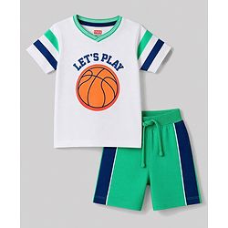 Babyhug 100% Cotton Single Jersey Knit Half Sleeves T-Shirt & Side Tape Shorts With Basket Ball - White