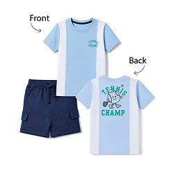 Babyhug 100% Cotton Single Jersey Knit Half Sleeves T-Shirt With Text Print & Shorts With Cargo Pockets - Blue