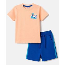 Babyhug 100% Cotton Single Jersey Knit Half Sleeves T-Shirt & Shorts With Tropical Print - Orange