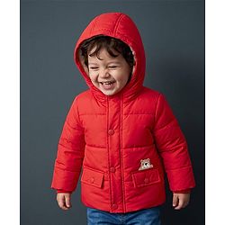 Babyhug Woven Full Sleeves Padded Hooded Jacket With Patch - Red