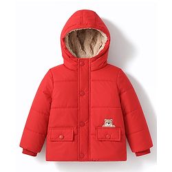 Babyhug Woven Full Sleeves Padded Hooded Jacket With Patch - Red