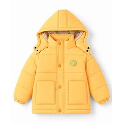 Babyhug Woven Full Sleeves Padded Hooded Jacket With Smiley Patch - Yellow