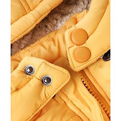 Babyhug Woven Full Sleeves Padded Hooded Jacket With Smiley Patch - Yellow