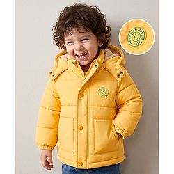 Babyhug Woven Full Sleeves Padded Hooded Jacket With Smiley Patch - Yellow