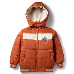 Babyhug Woven Full Sleeves Hooded Padded Jacket with Camping Patch - Brown