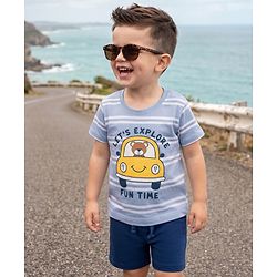 Babyhug Single Jersey Knit Half Sleeves Striped T-Shirt & Shorts Set Car Print -  Blue
