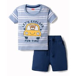 Babyhug Single Jersey Knit Half Sleeves Striped T-Shirt & Shorts Set Car Print -  Blue