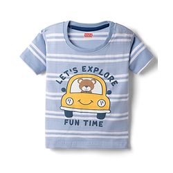 Babyhug Single Jersey Knit Half Sleeves Striped T-Shirt & Shorts Set Car Print -  Blue