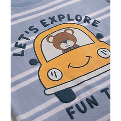 Babyhug Single Jersey Knit Half Sleeves Striped T-Shirt & Shorts Set Car Print -  Blue