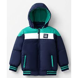 Babyhug Woven Full Sleeves Padded Hoodie with Play Time Patch - Navy Blue