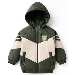 Babyhug Woven Hooded Jacket with Full Sleeves and Tiger Patch in Olive Green for 2-3 Years