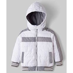 Babyhug Woven Full Sleeves Padded Jacket with Detachable Hood - White & Grey
