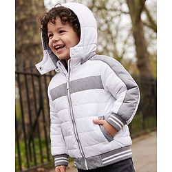 Babyhug Woven Full Sleeves Padded Jacket with Detachable Hood - White & Grey