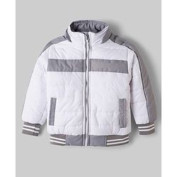 Babyhug Woven Full Sleeves Padded Jacket with Detachable Hood - White & Grey