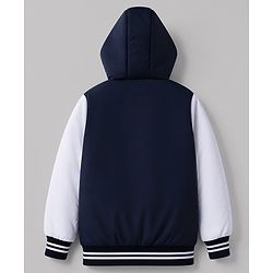 Babyhug Woven Hooded Jacket with Full Sleeves and Ny Applique - Navy Blue