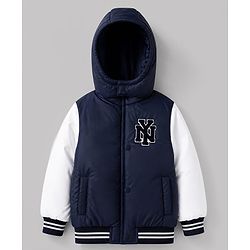 Babyhug Woven Hooded Jacket with Full Sleeves and Ny Applique - Navy Blue
