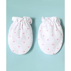 Babyhug 100% Cotton Knit Hearts Printed Mittens & Booties Set - White