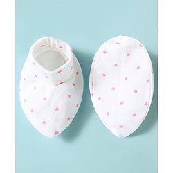 Babyhug 100% Cotton Knit Hearts Printed Mittens & Booties Set - White
