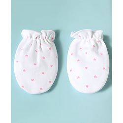 Babyhug 100% Cotton Knit Hearts Printed Mittens & Booties Set - White