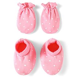 Babyhug 100% Cotton Knit Hearts Printed Mittens & Booties Set - Pink