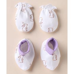 Babyhug 100% Cotton Interlock Knit Mittens & Booties With Bunny Print- White