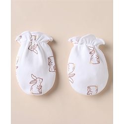 Babyhug 100% Cotton Interlock Knit Mittens & Booties With Bunny Print- White