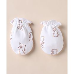 Babyhug 100% Cotton Interlock Knit Mittens & Booties With Bunny Print- White