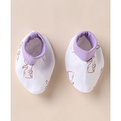 Babyhug 100% Cotton Interlock Knit Mittens & Booties With Bunny Print- White