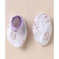 Babyhug 100% Cotton Interlock Knit Mittens & Booties With Bunny Print- White
