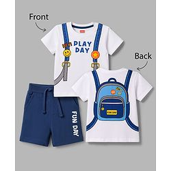 Babyhug 100% Cotton Knit Half Sleeves Backpack Printed T-Shirt & Shorts Set - White & Navy Blue