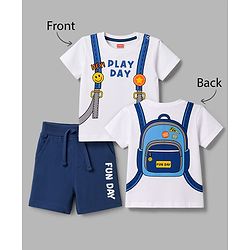 Babyhug 100% Cotton Knit Half Sleeves Backpack Printed T-Shirt & Shorts Set - White & Navy Blue