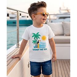 Babyhug Single Jersey Knit Half Sleeves Beach Theme Printed T-Shirt & Shorts Set - White & Blue