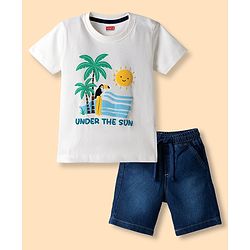 Babyhug Single Jersey Knit Half Sleeves Beach Theme Printed T-Shirt & Shorts Set - White & Blue