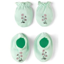 Babyhug 100% Cotton Iterlock Knit Mittens & Booties with Floral Print - Mint Green