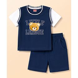 Babyhug 100% Cotton Single Jersey Knit Half Sleeves Bear & Text Printed T-Shirt & Shorts Set - Navy